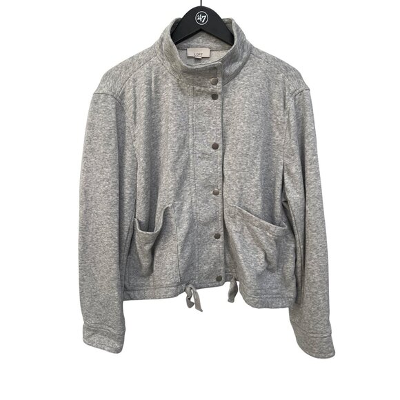 LOFT Jacket Size XL Snap Front Long Sleeve Mock Neck Light Gray Drawstring Comfy - Picture 1 of 7